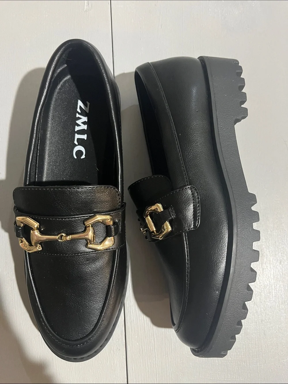 Black Platform Loafers with Gold Hardware